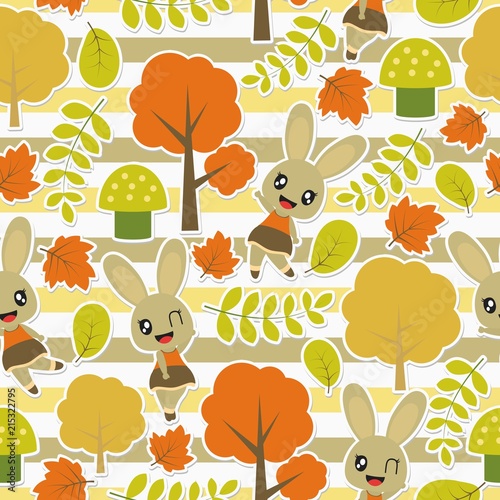 Seamless pattern of cute bunny and Autumn elements on striped background vector cartoon illustration for kid wrapping paper, kid fabric clothes, and wallpaper