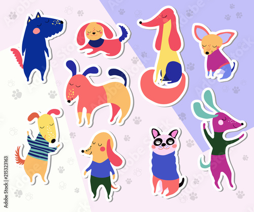 Childish hand drawn dogs stickers collection. Vector illustration. © lidiebug