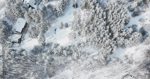 Drone footage shot over a snow covered forest filled with trees, houses and scenic views. All shot in 4K and beautifully color graded to fit any sought after winter look.