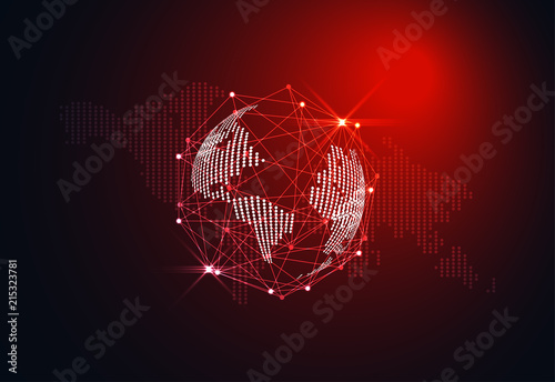 Abstract world wireframe digital technology and map dot concept Sci fi red light on hi tech future dark background. for template, web design or presentation.