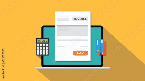 online invoice technology with laptop and paper work document photo