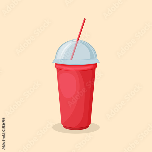 Soda water in a red cup with a straw and a transparent lid - cute cartoon colored picture of sweet drink. Graphic design elements for menu, advertising, poster. Vector illustration of beverage.