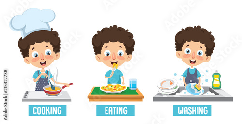 Vector Illustration Of Kid Cooking, Eating And Washing Dishes