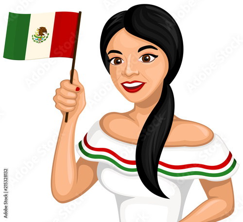 Vector illustration of a woman smiling and holding the flag of Mexico.