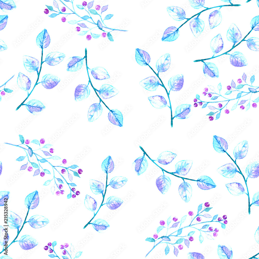 Seamless background with watercolor branches with leaves