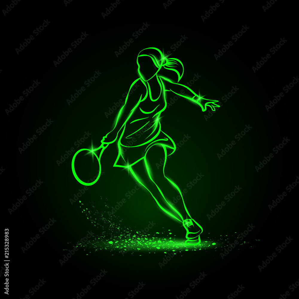 Professional woman tennis player illustration. Green linear neon tennis player on a black background.