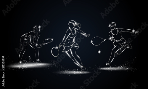 Professional woman tennis players set. Metallic linear tennis player illustration for sport banner, background and flyer.