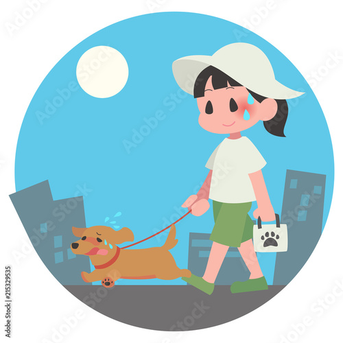 犬　ペット　散歩　夏　暑い　女性　熱中症　背景　昼