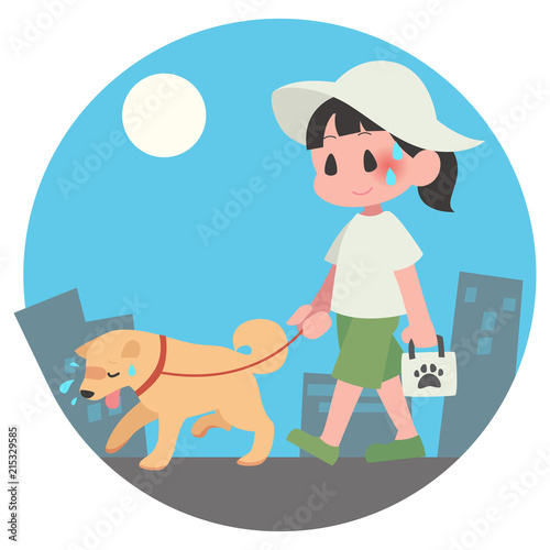 犬　ペット　散歩　夏　暑い　女性　熱中症　背景　昼