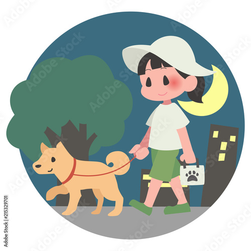 ペット　犬　散歩　女性　夜