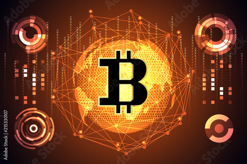 Abstract technology map world digital money ui futuristic Concept future Golden bitcoin digital currency interface hologram elements of digital data chart,communication,technology,network.vector