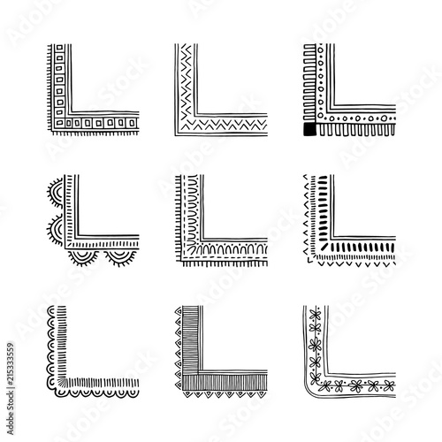 Set of vector corner borders in boho style. Creative decorative elements.