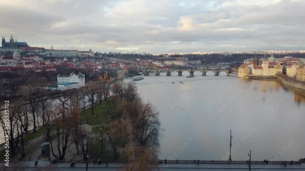 Dramatic Drone Shot of Charles Bridge in Prague at Sunset Dramatic Drone Shot of Charles Bridge in Prague at Sunset