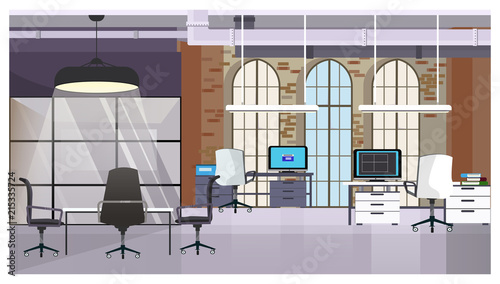 Loft interior with brick wall and windows vector illustration. Modern computers on tables and conference desk with chairs. Office illustration
