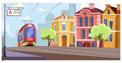 Modern tram running on rails in city vector illustration. Tram station against colorful building. City life illustration