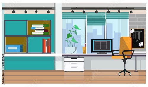 Office table with desktop computer vector illustration. Desk with potted plant against window with blinds. Workplace illustration