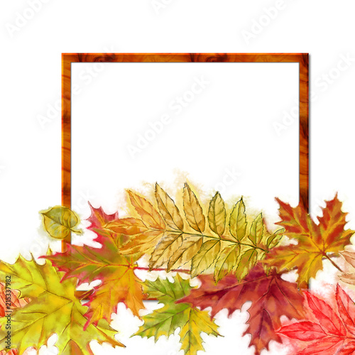 Square Frame Decorated with Autumn Leaves Half Wreath. Watercolor Botanical Template for Print  Announcement  Advertising  Invitation  Cards  and other Printable.