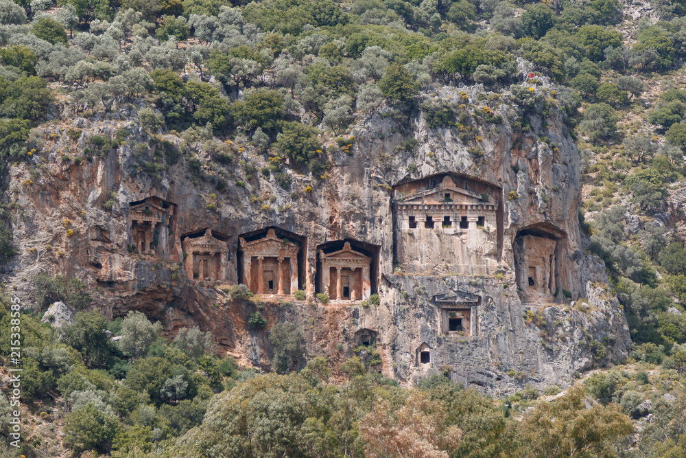 Ancient rock-cut tombs near Kaunos ruins, Turkey