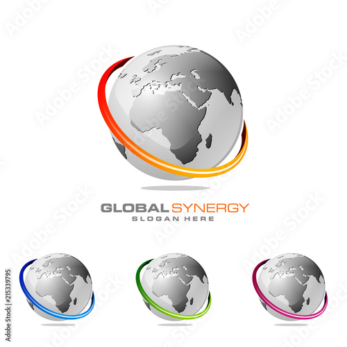 Global logo with ring sphere and digital world motion vector logo design
