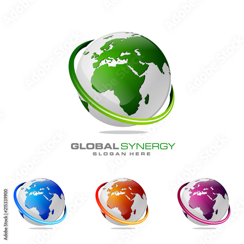 Global logo with ring sphere and digital world motion vector logo design