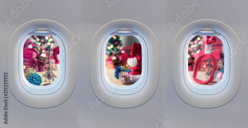plane window and Christmas ornaments.