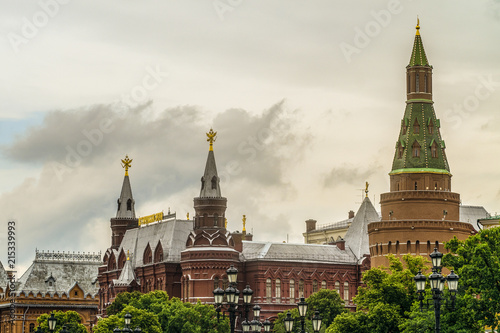 Center of the capital of Russia. Corner Arsenalnaya towers in Moscow Kremlin on Red Square. Building of Historical museum, Manezhnaya square.