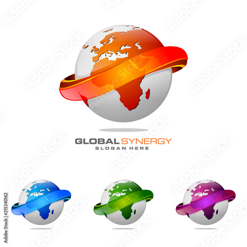 Global logo with ring sphere and digital world motion vector logo design