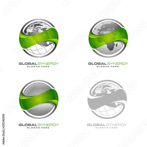 Global logo with ring sphere and digital world motion vector logo design
