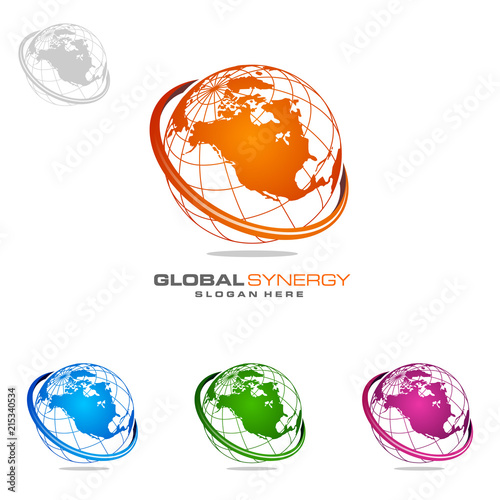 Global logo with ring sphere and digital world motion vector logo design