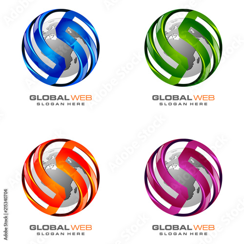 Global logo with ring sphere and digital world motion vector logo design