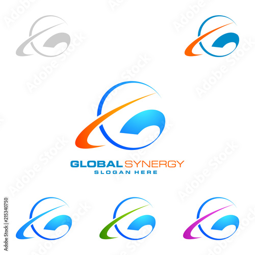 Global logo with ring sphere and digital world motion vector logo design
