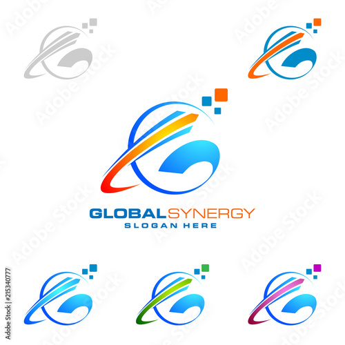 Global logo with ring sphere and digital world motion vector logo design