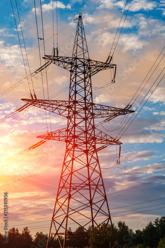 high-voltage power lines at sunset. electricity distribution station .