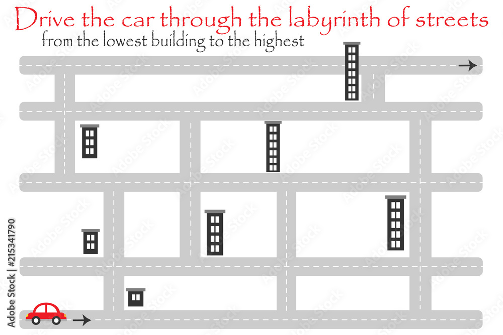 Drive car through labyrinth of streets, from the lowest building, fun