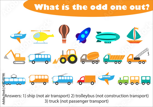 What is the odd one out for children, transport in cartoon style, fun education game for kids, preschool worksheet activity, task for the development of logical thinking, vector illustration