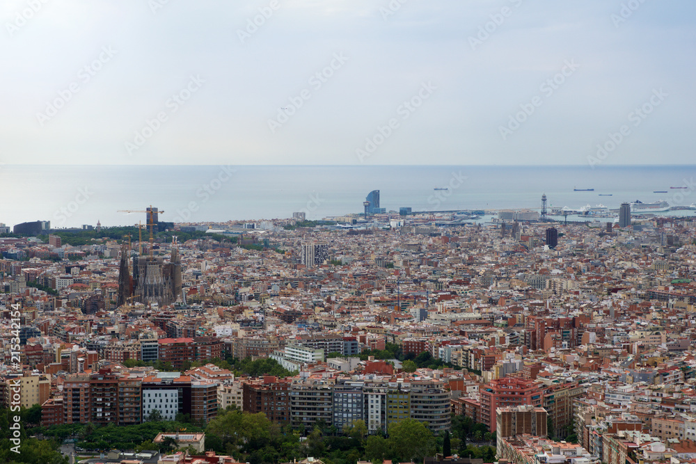 BARCELONA, SPAIN - AUG 30th, 2017: wide angle of barcelona shot from the bunkers de carmel offering amazing panoramic views over the city skyline