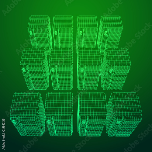 Hardware equipment telecommunication server. Data center storage room object. Computer database tower. Internet industry cluster. Wireframe low poly mesh vector illustration
