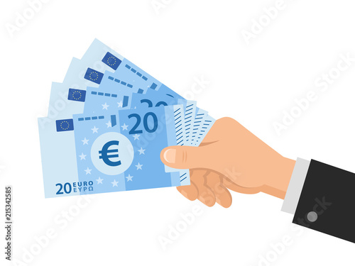 Hand holds money Euro 20 banknotes. Business concept. Isolated on white background. Flat Style. Vector illustration.