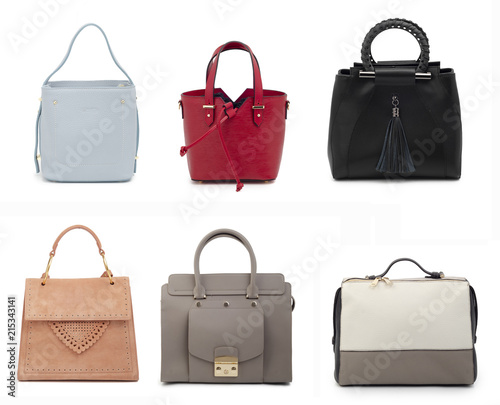color women leather handbags isolated on white background