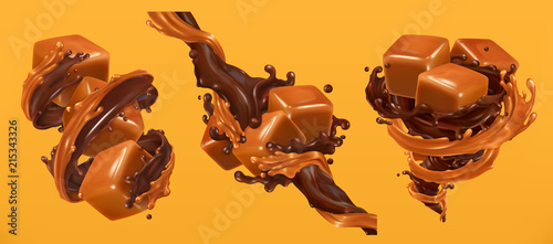 Chocolate and caramel splashes, 3d realistic vector