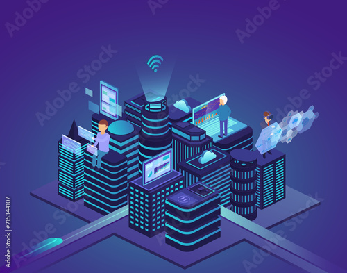 Smart city of high technology. Control system and automation of city processes with help of computer wireless network. Concept business technology.