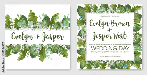 vector watercolor set of garden foliage Template of wedding invitation, greeting card, label, banner. Leaves of gerbera, roses and eucalyptus branches, wax flowers with curled frames isolated