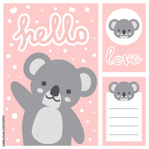 Koala vector print, baby shower card. hello koala with balloon cartoon illustration,  greeting card, kids cards for birthday poster or banner, cartoon invitation