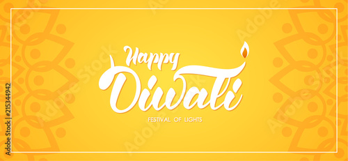 Happy Diwali. Greeting banner wit hand lettering  Indian ornament and lamp with flame.