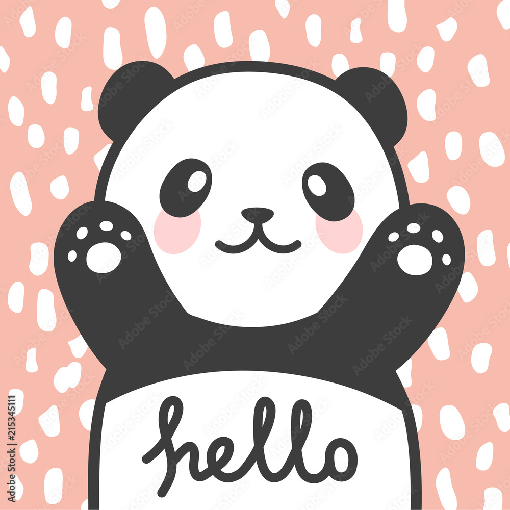 Panda vector print, baby shower card. hello panda with balloon cartoon  illustration, greeting card, kids cards for birthday poster or banner,  cartoon invitation Stock Vector | Adobe Stock