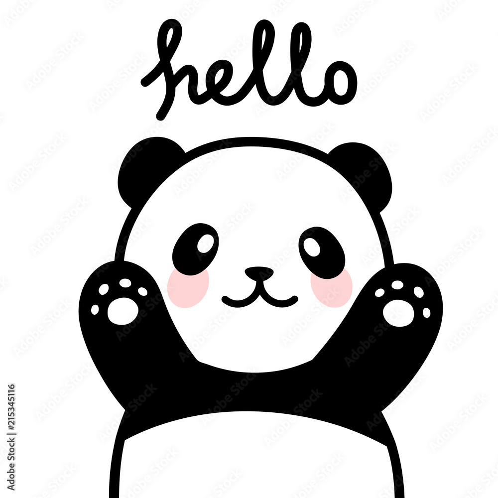 Obraz premium Panda vector print, baby shower card. hello panda with balloon cartoon illustration, greeting card, kids cards for birthday poster or banner, cartoon invitation