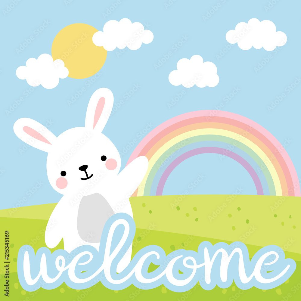 Rabbit vector print, baby shower card. hello bunny with balloon cartoon  illustration, greeting card, kids cards for birthday poster or banner,  cartoon invitation Stock Vector | Adobe Stock