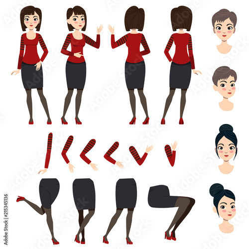 Flat icons set of Asian lady. Views, poses and hairstyles collection. Young woman concept. Vector illustration can be used for topics like business, advertisement, management.