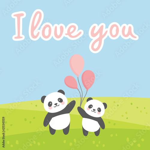 Fototapeta Naklejka Na Ścianę i Meble -  Panda vector print, baby shower card. hello panda with balloon cartoon illustration,  greeting card, kids cards for birthday poster or banner, cartoon invitation