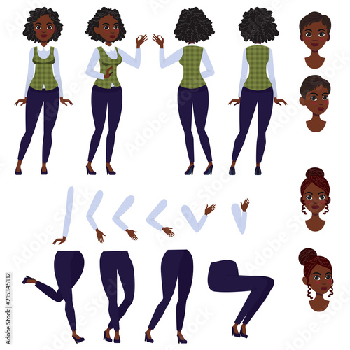 Flat icons set of black lady. Views, poses and hairstyles collection. Young African American woman concept. Vector illustration can be used for topics like business, promotion, marketing.